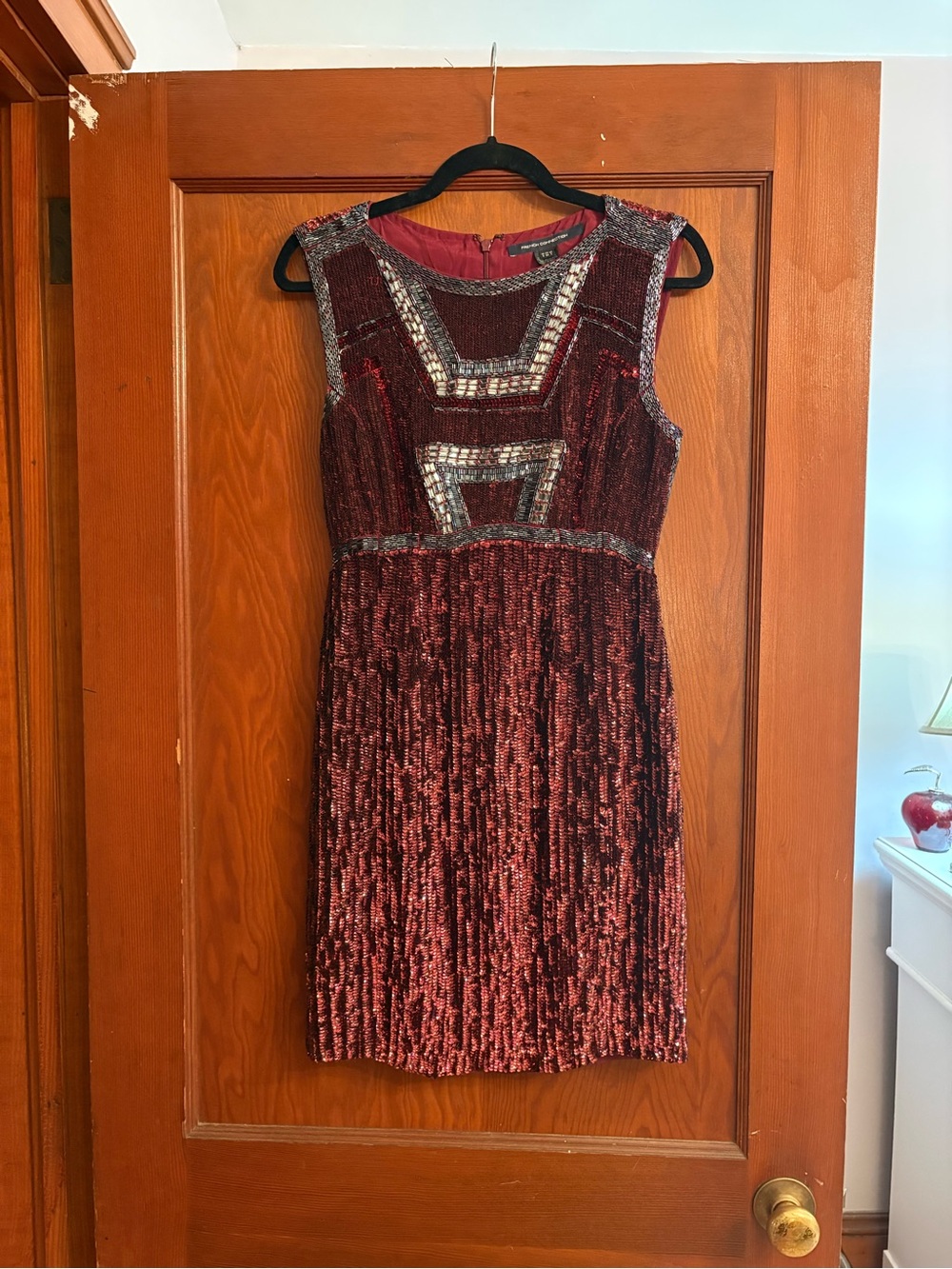 French Connection Burgundy Velvet Mini Dress with Silver Beading